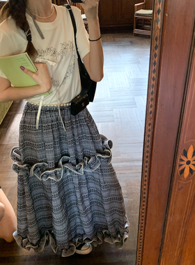 SourceWithU 表参道午后 纯棉蓝色提花伞裙长款格纹花边半身裙女