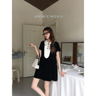 SourceWithU 缎面丝绒优雅娃娃裙翻领复古黑白短款 连衣裙 卡罗琳