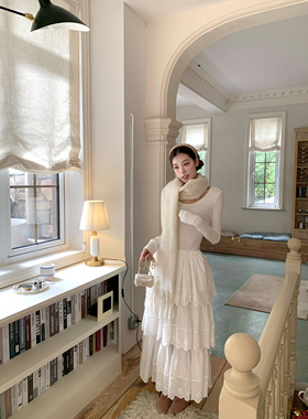 SourceWithU雪夜芭蕾 磨毛绒感拼接刺绣公主蛋糕裙白色连衣裙叠穿