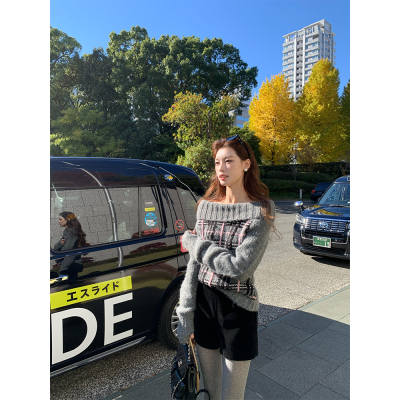 SourceWithU一字肩灰粉针织毛衣