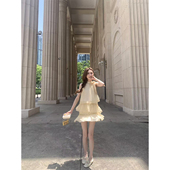 元 SourceWithU 布里斯班 气淡奶黄不规则花边背心裙蝴蝶结连衣裙