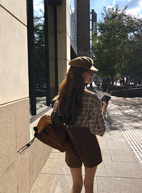 SourceWithU 爱心帕丁顿 纯棉早秋色织短衬衫高腰百搭咖棕短裤女