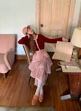 SourceWithU 巴黎艺术生 2色温柔撞色开衫气质通勤套头红色针织衫