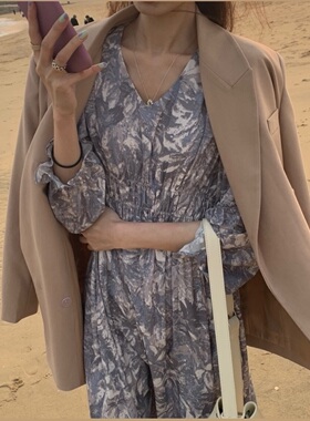 SourceWithU 落日海边绝美油画印花花边碎花连衣裙仙气少女显瘦