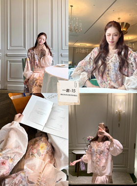 SourceWithU 浮生繁花【zim】进口机精准印花粉色抽绳衬衫半身裙