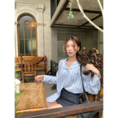 绝美蓝色条纹海军领长袖 衬衫 长款 SourceWithU海盐乌托邦 半裙套装