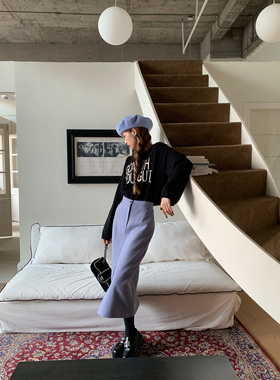 SourceWithU 月夜紫罗兰 70羊毛呢高级半身裙开叉显瘦长款直筒裙