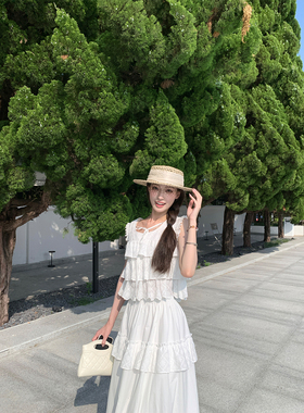 SourceWithU 摩纳哥湾 纯棉刺绣蛋糕层背心上衣半身长裙白色套装