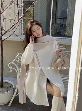 SourceWithU 奶霜白巧 奶油质地全羊毛设计款系带双面大衣