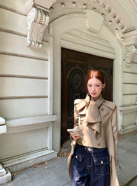 SourceWithU肯豆张婧仪同款【bbr秀款】英伦贵气系带拖尾风衣外套