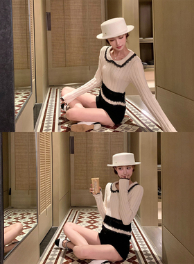 SourceWithU【香奶vtg】娇俏减龄黑色蕾丝拼接坑条针织衫打底衫女