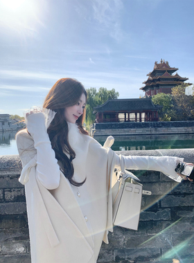 SourceWithU香阀世家 70羊毛双面尼斗篷大衣真狐狸毛领蝴蝶结外套