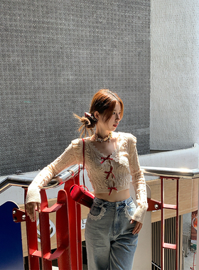 SourceWithU 日光鸣奏曲 法式少女感提花蝴蝶结针织衫短款上衣女