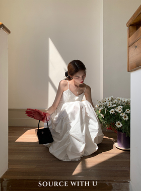 SourceWithU 白玫瑰 法式复古白色吊带连衣裙少女花边纯色吊带女