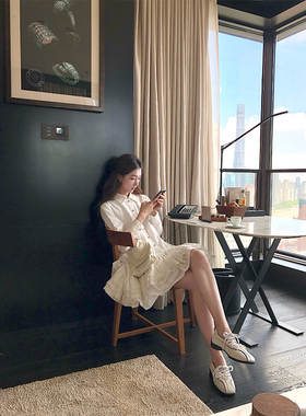 SourceWithU伊丽莎白 纯棉重工大裙摆法式衬衫连衣裙白色蓬蓬短裙