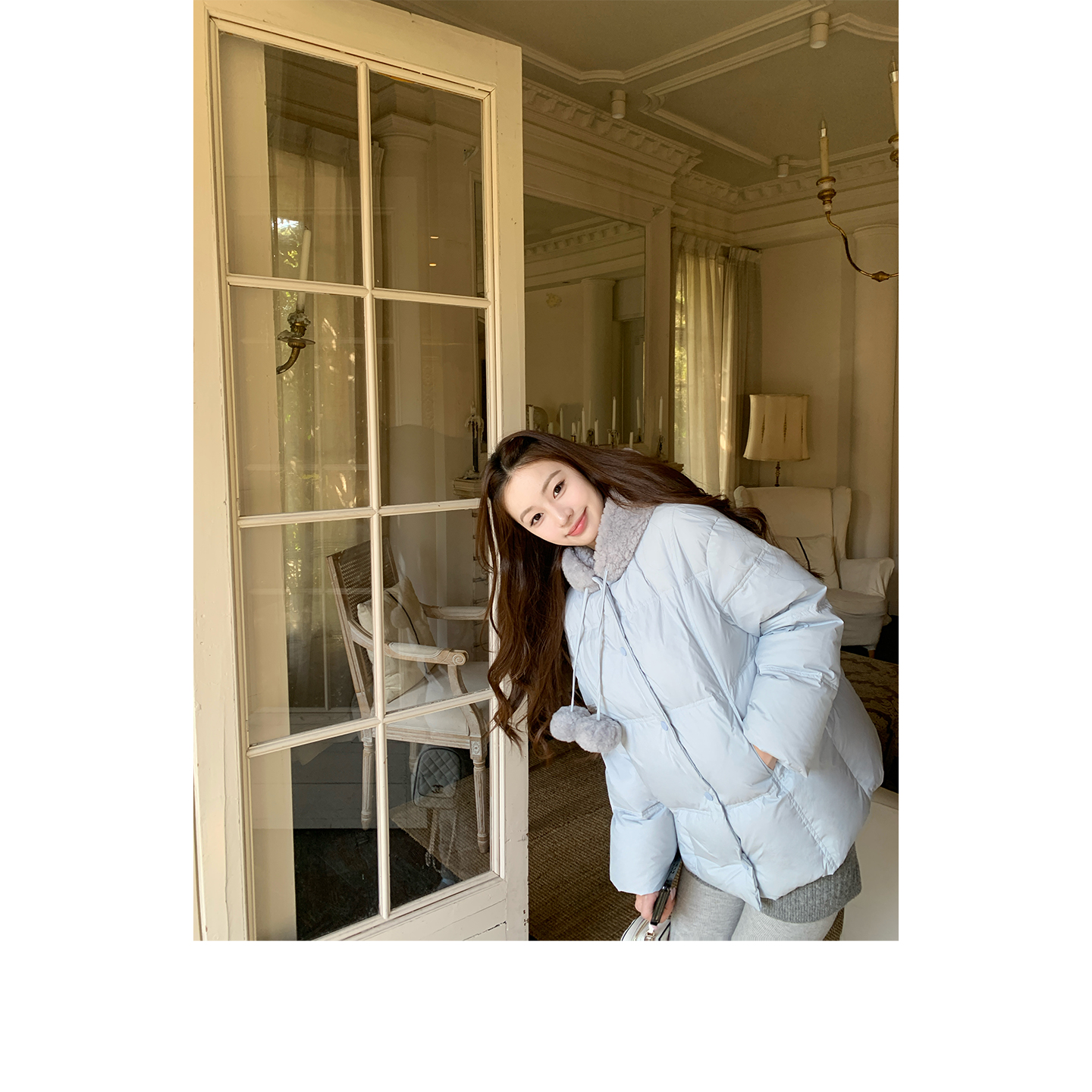 SourceWithU毛绒连帽蓝色羽绒服