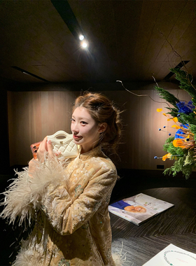 SourceWithU苏园贵女鸵鸟毛仿真丝新中式套装刺绣棉服外套半裙女