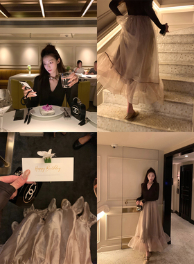 SourceWithU【ZIM】2色约会香槟温柔纱长裙V领高腰大裙摆连衣裙女