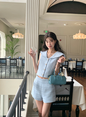 SourceWithU 薄荷茱莉 蓝色海军领小香气质上衣显瘦高腰阔腿短裤