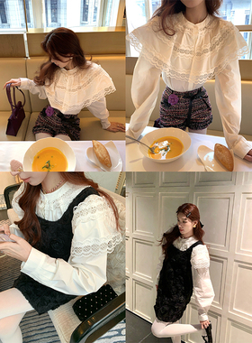 SourceWithU心动信号 30羊毛重工精致小斗篷镂空刺绣衬衫毛呢短裤