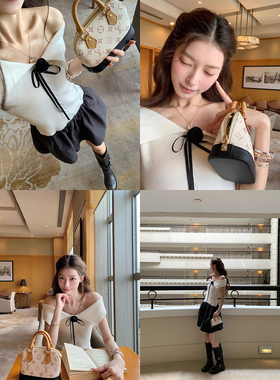 SourceWithU早秋回响 性感优雅黑色玫瑰针织翻领连衣裙一字肩短裙