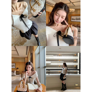 SourceWithU早秋回响 性感优雅黑色玫瑰针织翻领连衣裙一字肩短裙