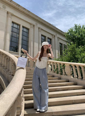 SourceWithU 加州假日 100棉蕾丝拼接蓝格宽松阔腿裤直筒休闲裤夏