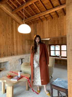 SourceWithU枫糖太妃 80羊毛红枫色气质中长款毛呢大衣女夹棉外套