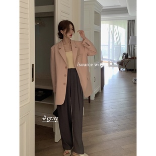 女 SourceWithU 一年穿四季 利落剪裁百搭垂坠灰拖地西装 裤
