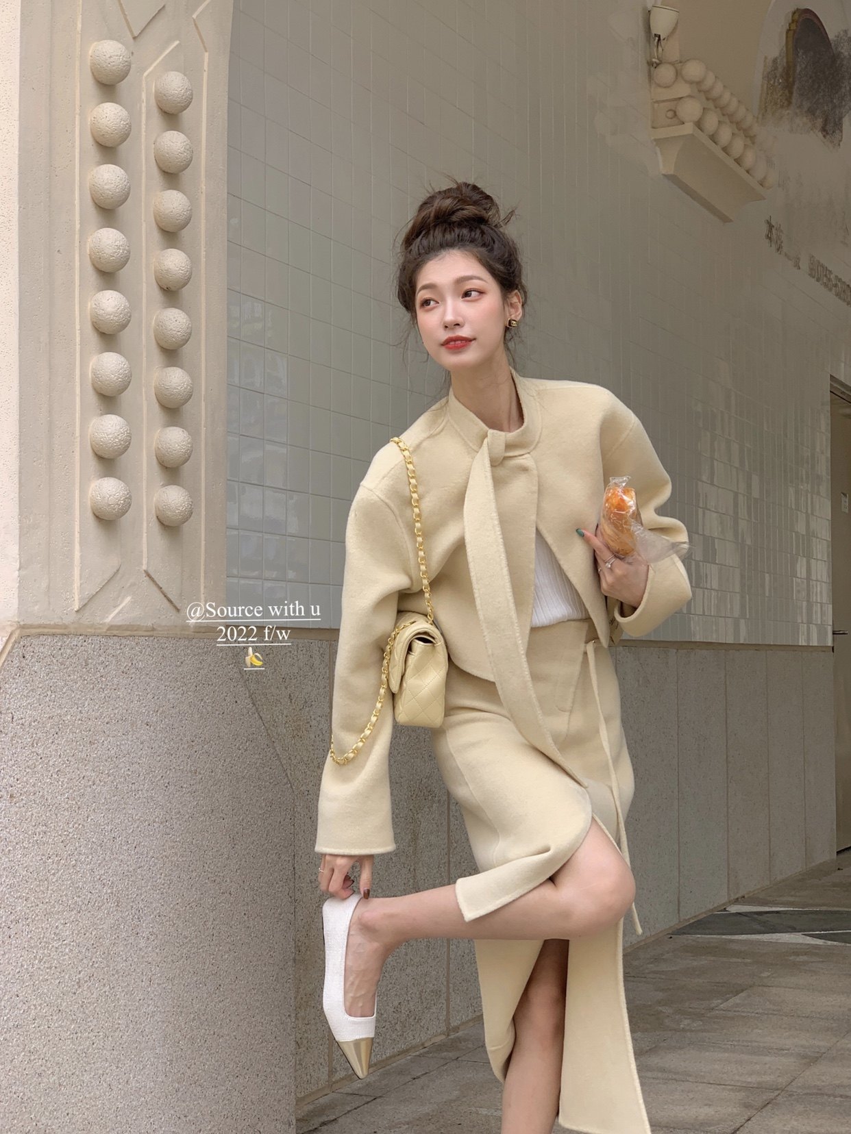 sourcewithu朱莉亚 法式全手工羊毛双面尼短款毛呢外套女大衣半裙