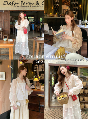 SourceWithU琉璃千金 纯棉亚麻雪绒花白色连衣裙气质衬衫半裙套装