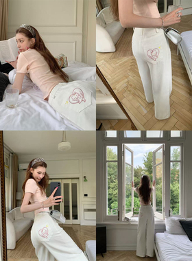 SourceWithU 梦露KT 纯棉版型巨好KT刺绣白色牛仔裤日常通勤长裤