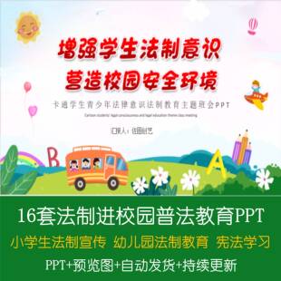 卡通学生青少年弘扬法律意识法制教育PPT模板普法宣传主题ppt课件