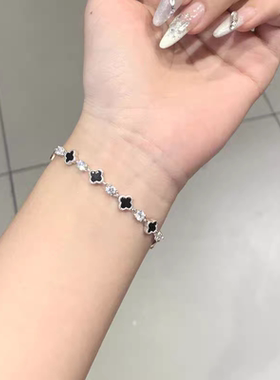 黑玛瑙四叶草手链女S999纯银