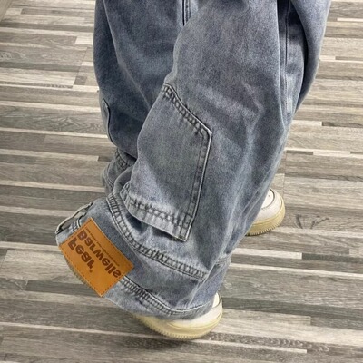 美式复古牛仔裤男宽松直筒开叉微喇裤子高街潮牌痞帅长裤oversize
