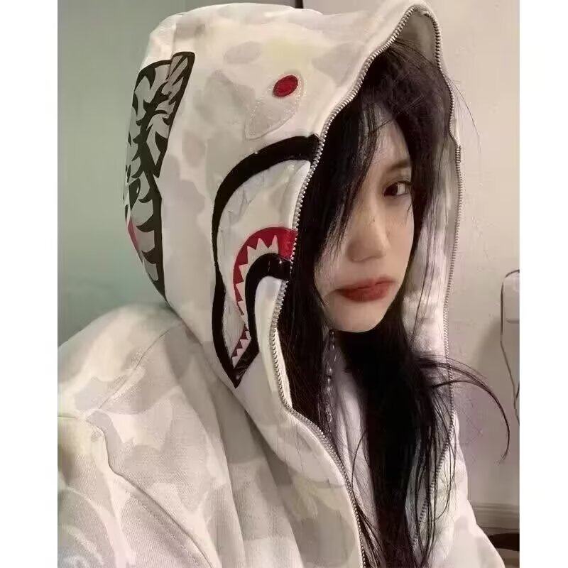 网红美式拉链鲨鱼夹克男女vibe潮牌春季连帽衫社会青年猿人外套男