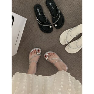 仙女外穿春夏季 法式 配裙子拖鞋 鴿子蛋小涼拖絕美海邊涼鞋 銀色女鞋