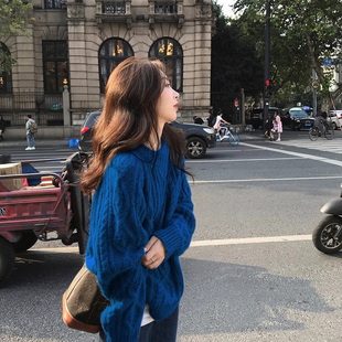 加厚羊毛针织衫 克莱因蓝麻花毛衣女装 宽松慵懒时尚 秋冬季 上衣 新款