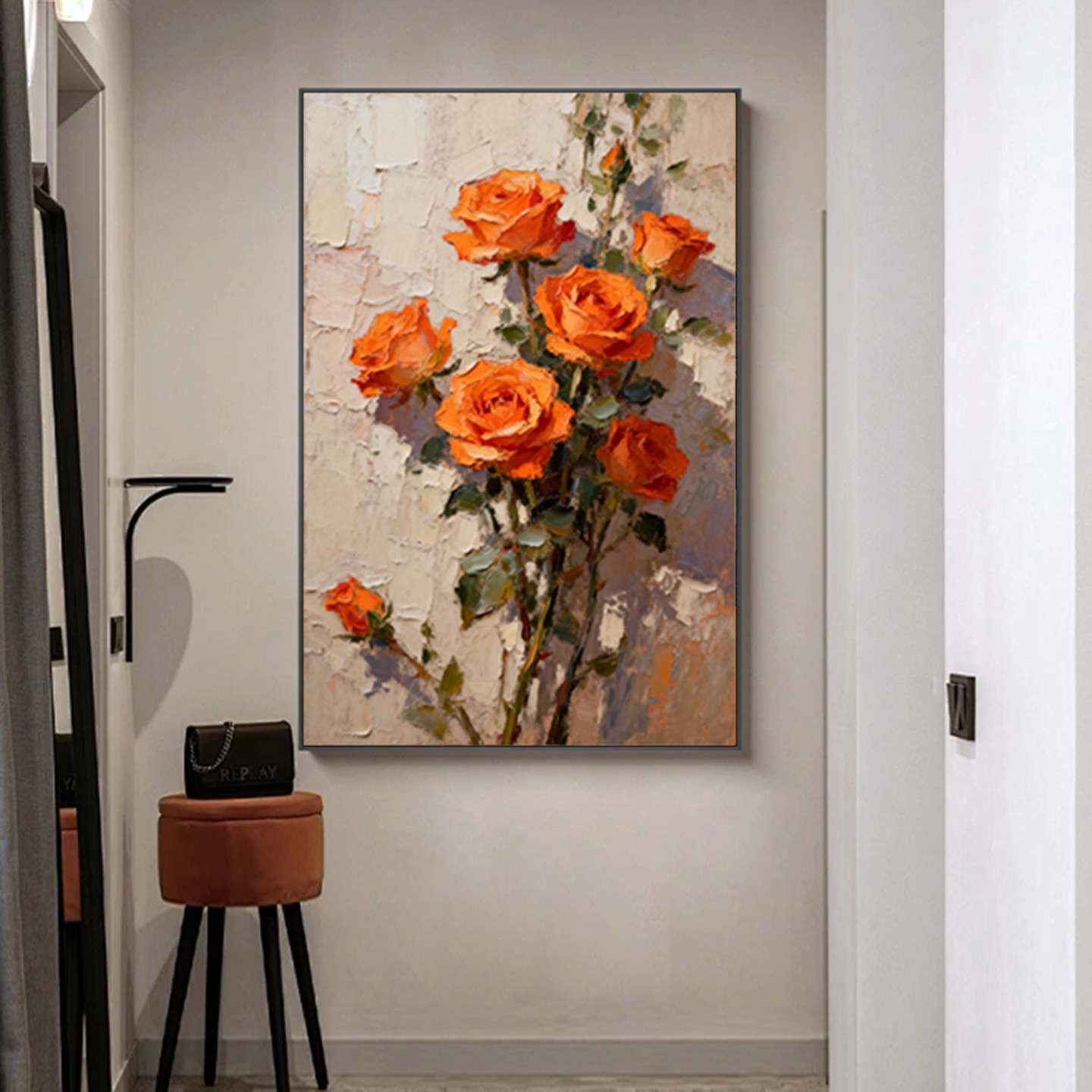 可班手绘油画橙玫瑰花卉客厅挂画