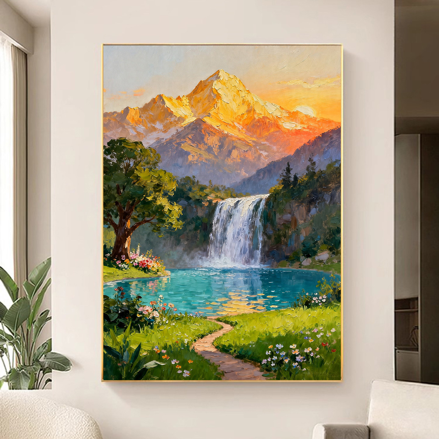 纯手绘油画日照金山聚宝盆轻奢大气感玄关山水招财风景画书房挂画