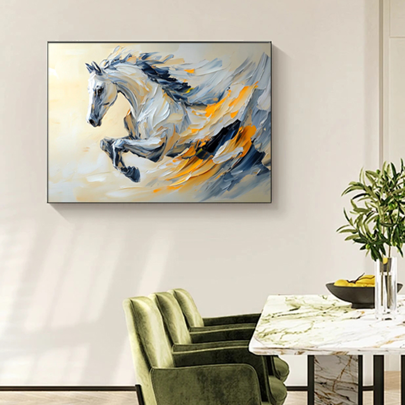手绘油画吉祥寓意骏马立体手工挂画现代轻奢客厅画北欧走廊装饰画图片