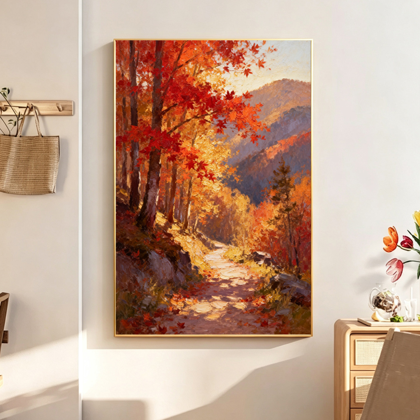 手绘油画秋日红枫山林玄关装饰画