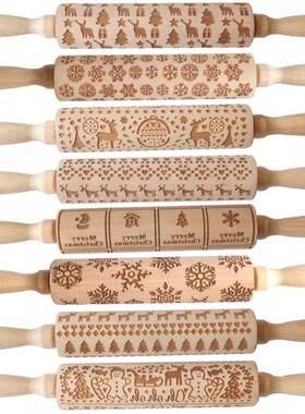 Wood Christmas Printing Rolling Pin Wooden Carvings Embossin