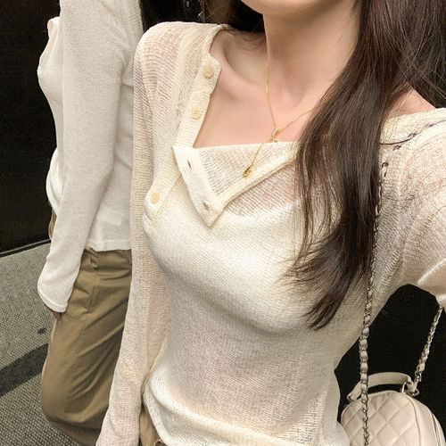 巨好看的修身白色薄款微透长袖T恤女2026夏新款空调防晒罩衫上衣