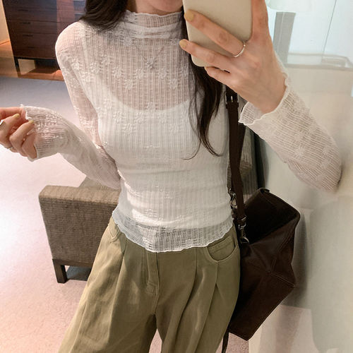 韩系薄款木耳边白色内搭打底衫女2026春季高级感修身长袖t恤上衣