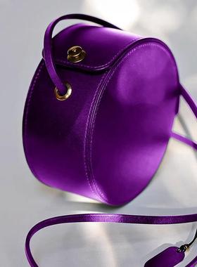 Lee Vsasi真皮紫色单肩斜挎包包轻奢小众高级感手提通勤圆饼小拎