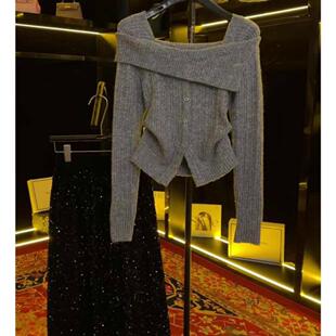 温柔风一字肩针织开衫 显瘦设计感毛衣上衣 女灰色修身