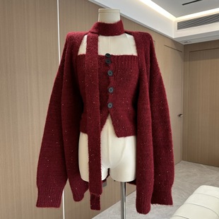 慵懒风闪闪针织围巾抹胸上衣套装秋冬韩系氛围感红色毛衣开衫外套