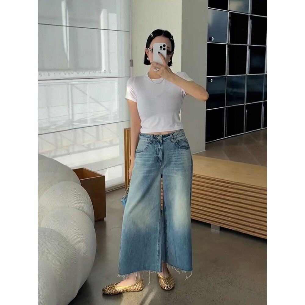 秒发诗歌兰66097九分牛仔裤毛边微喇阔腿欧洲站2025新款女装