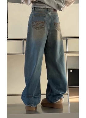 诗歌兰女装2025冬款 87553美式个性街头做旧抓毛蓝色脏脏牛仔裤女